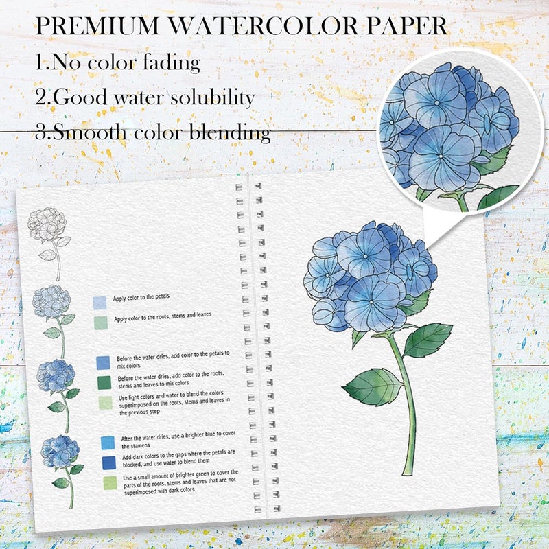 ADEVIAN Watercolor Workbook, Watercolor Workbook Paint Book Beginner Friendly, 12 Different Patterns Stress-Relieving Art Crafts for Creative Exploration Gift for Women Adults Teens (Flower, 1) - Image 3